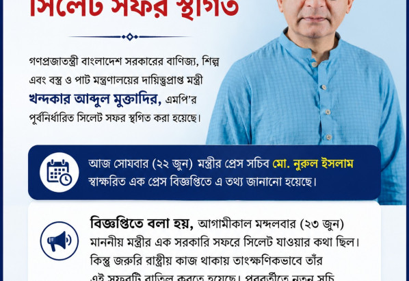 বাণিজ্য, শিল্প, পাট ও বস্ত্র মন্ত্রী  খন্দকার মুক্তাদির এমপি’র  সিলেট সফর স্থগিত